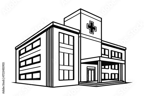 a black and white drawing of a hospital building