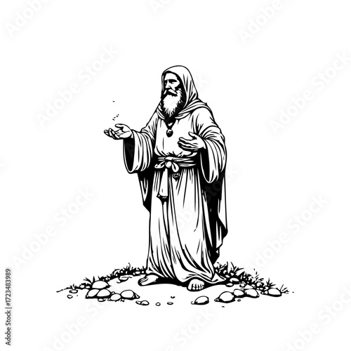 Monochrome depiction of a bearded figure in robes presenting something small in hand ancient times
