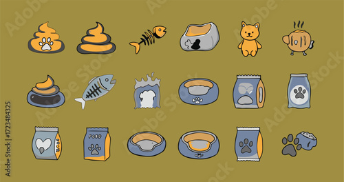 Cute Dog Breed Illustrations with Food, Toys, and Paw Prints