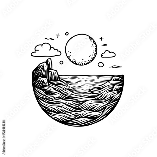 Monochrome ethereal seascape with celestial orb reflecting over stylized ocean and rocky cliffs