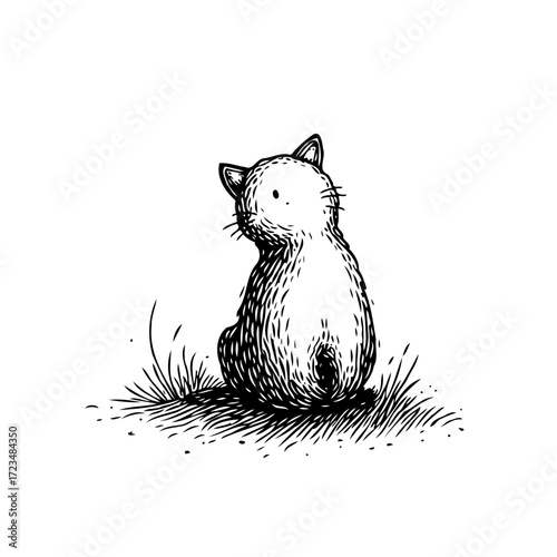 Monochrome feline illustration exhibiting delicate fur details with subtle grass undertones