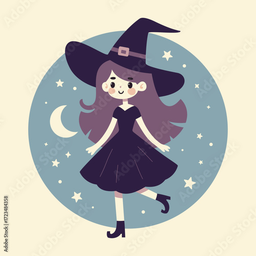 Młoda czarownica w spiczastym kapeluszu, z fioletowymi włosami. Przebranie na Halloween, tańcząca dziewczynka.	