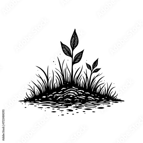 Monochrome illustration depicting a young plant sprouting from soil amongst grass symbolizing