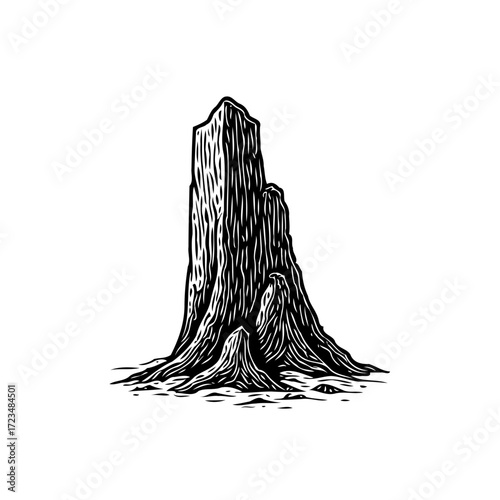 Monochrome illustration of a tree stump showcasing textured wood grain and rugged, natural form