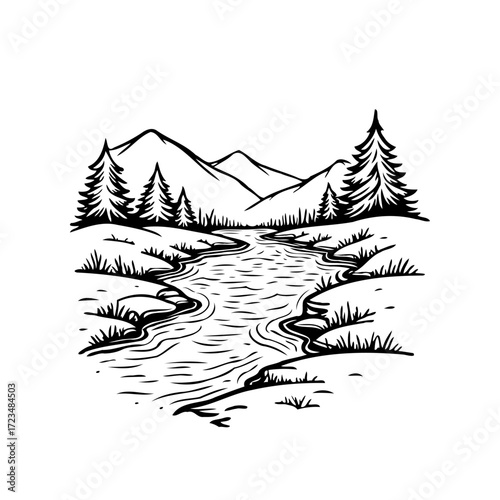 Monochrome illustration of winding river flowing through mountainous terrain surrounded by
