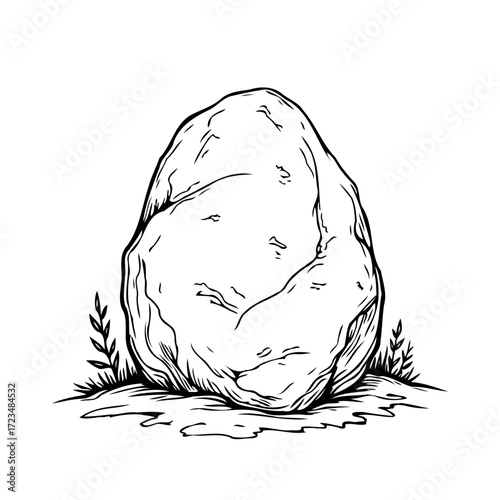 Monochrome illustration presenting a substantial boulder atop a grassy surface with sparse plant