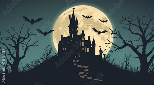 Haunted castle with full moon and flying bats