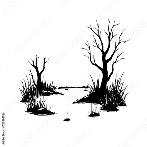 Monochrome marshland illustration depicting skeletal trees and dense reeds conveying a stark and