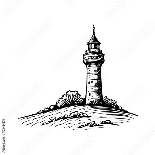 Monochrome lighthouse etching atop a grassy knoll evoking navigational architecture and coastal