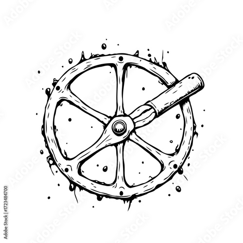 Monochrome rendering of vintage gear mechanism with crank surrounded by a stippled grunge effect