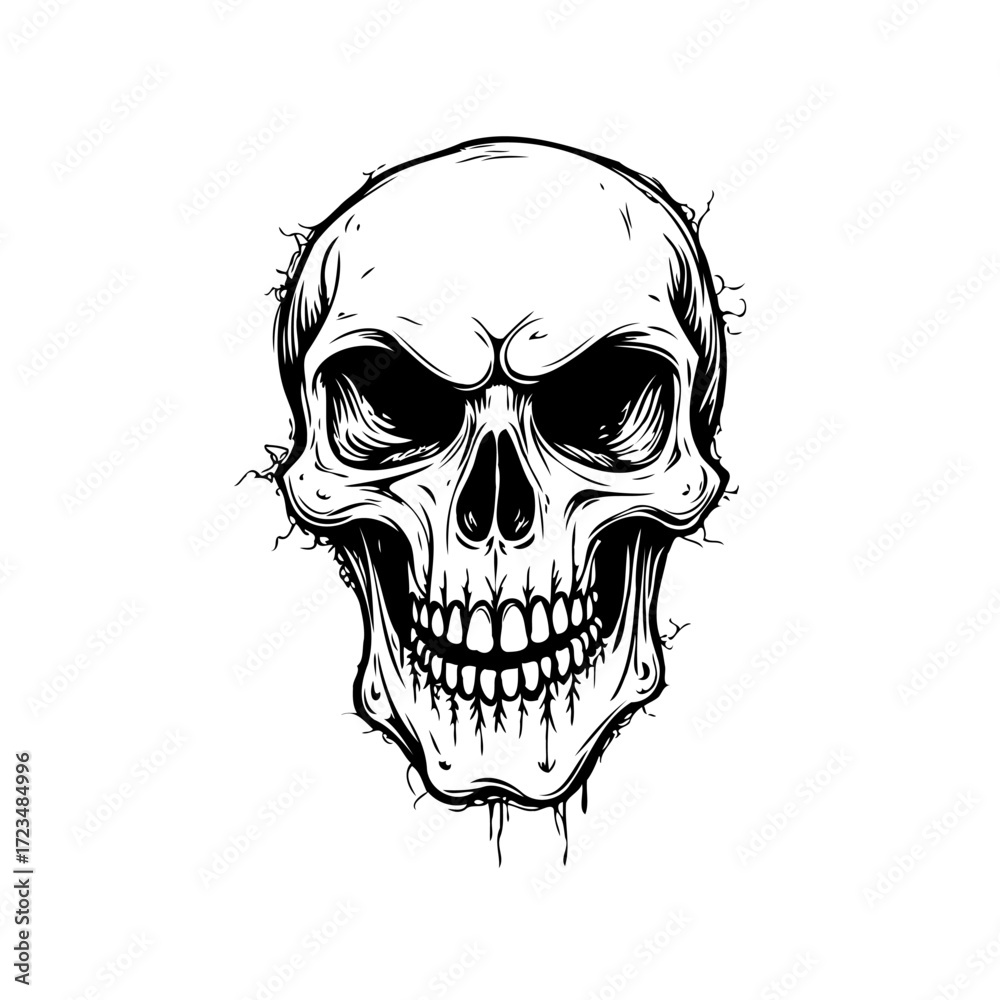 Obraz premium Monochrome skull illustration with stylized lines and shadows creating a spooky and mysterious