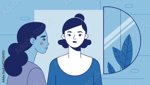 Two women standing together, one looking in the mirror and reflecting gender identity in calm blue tones