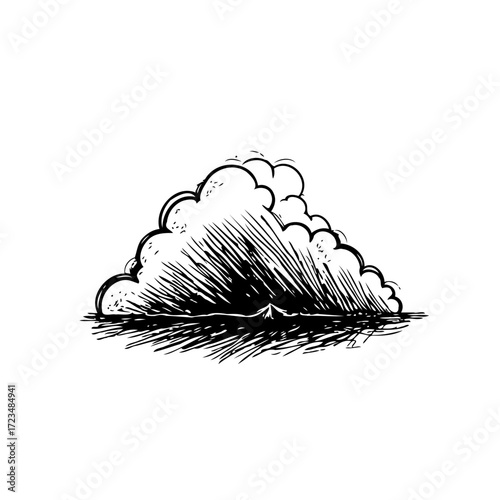 Monochrome sketch of a serene cloud formation rising above a distant horizon line in simple