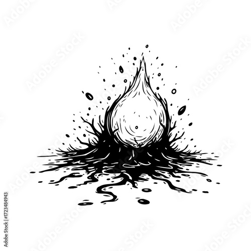 Monochrome sketch of a stylized flame surrounded by root-like structures and scattered particles