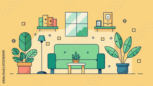Cozy modern living room interior with green sofa, houseplants, shelves and window in flat cartoon style