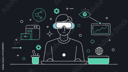 Person wearing AR glasses interacting with floating digital elements in a futuristic phygital workspace