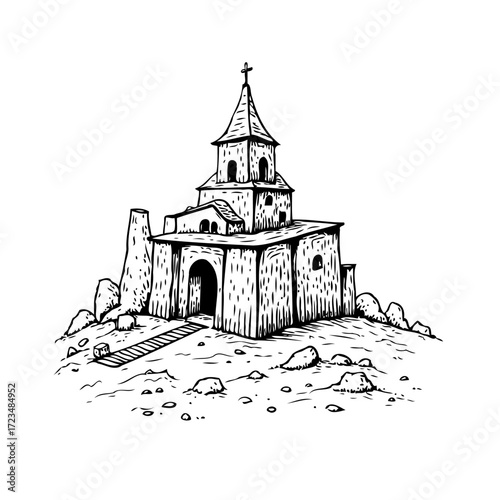 Monochrome sketched illustration of an old church perched atop rocky outcrop with religious cross