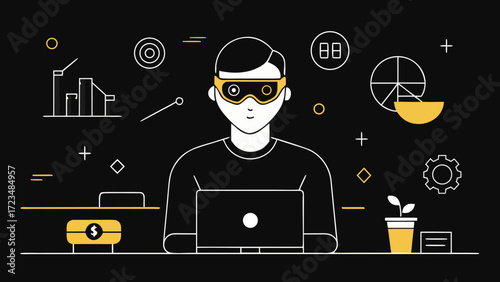 Hacker in mask using laptop surrounded by data charts and digital elements in dark flat style