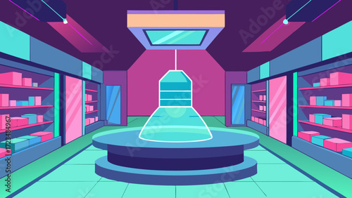 Futuristic phygital shopping mall blending physical store shelves with glowing holographic product display