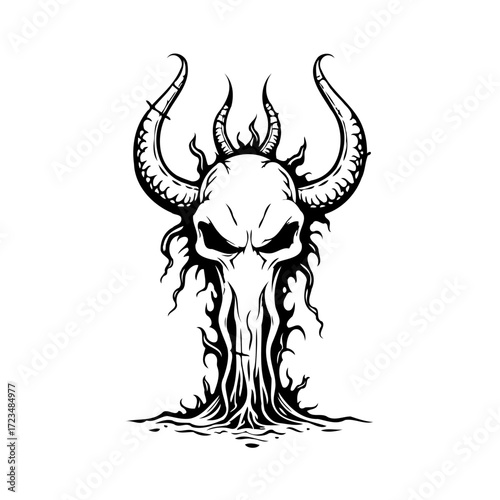 Monochrome skull illustration with intricate horn and flame design evokes otherworldly symbolism