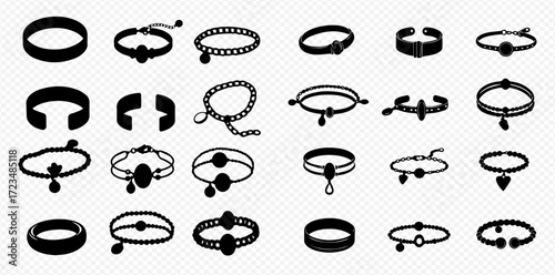 Collection of twenty-four black and white bracelet illustrations, showcasing various designs with beads, charms, and simple bands.