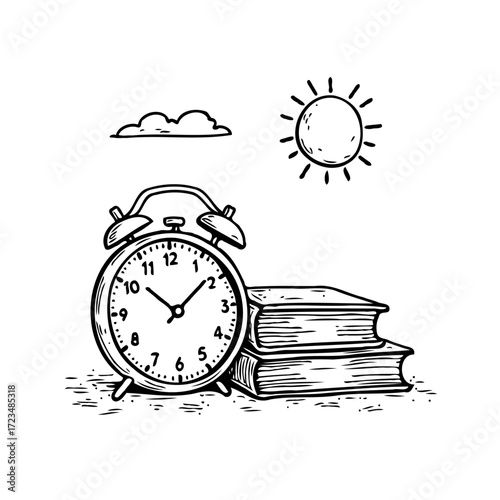 Morning routine featuring alarm clock books sun and cloud in a whimsical hand-drawn illustration