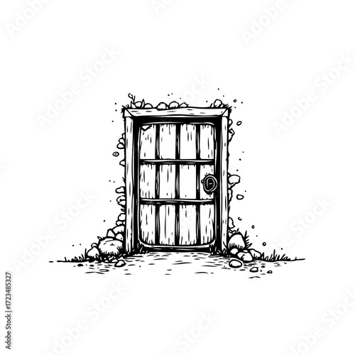 Mysterious hidden entrance with aged stone framing and rustic door leading to unknown places deep