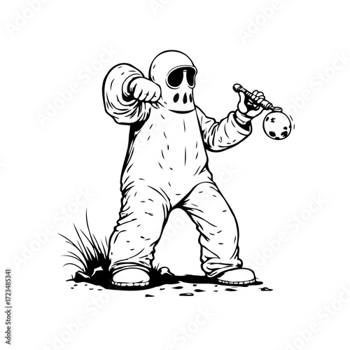 Mysterious figure in protective suit, casting a primitive weapon, creating intriguing visual