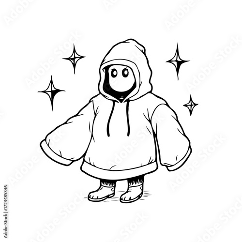 Mysterious hooded figure surrounded by glimmering stars creates an intriguing monochrome