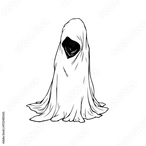 Mysterious shrouded figure looming eerily a dark presence under draped cloth revealing no features
