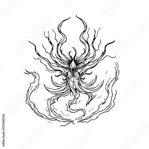 Mystical entity illustration with tendrils and ethereal smoke, a dark fantasy abstract concept art