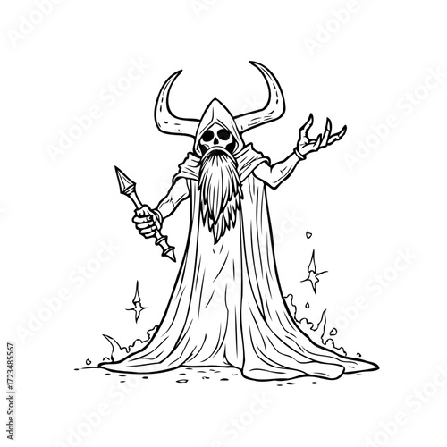 Mystical horned figure illustration casting spells in robes with a spectral weapon against a pure