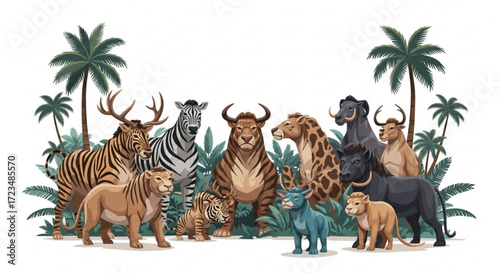Diverse animal species illustration featuring zebra tiger lion giraffe and more wildlife creatures art