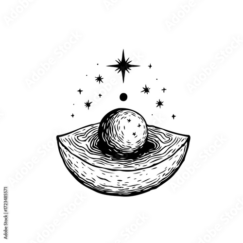 Mystical lunar sphere nested in a cosmic cradle amidst twinkling stars artwork drawing unique