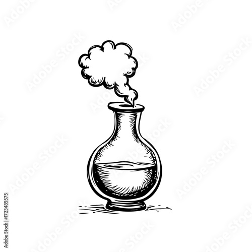 Mystical potion bubbling over in vintage glass bottle emitting ethereal cloud in alchemical sketch