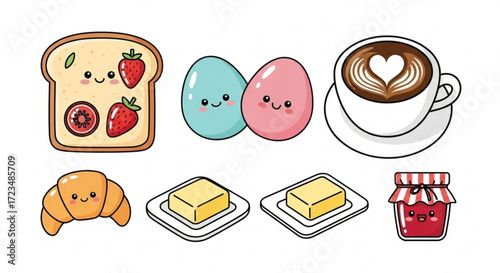 Cute breakfast illustration featuring toast with strawberry, kiwi, eggs, croissant, butter, jam, and a cup of coffee with a heart