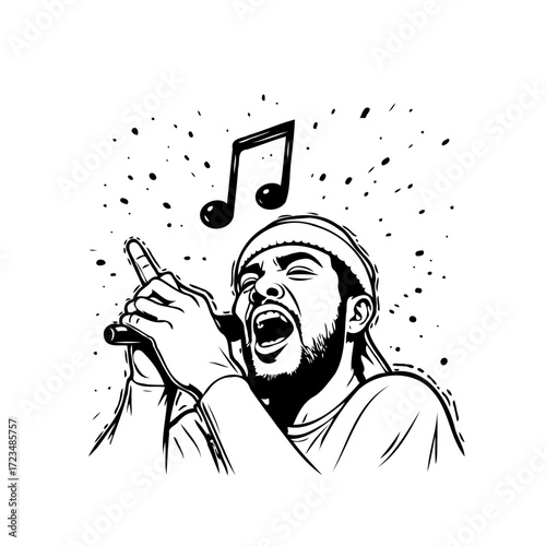 Passionate vocalist in black and white illustration delivering an energetic performance with