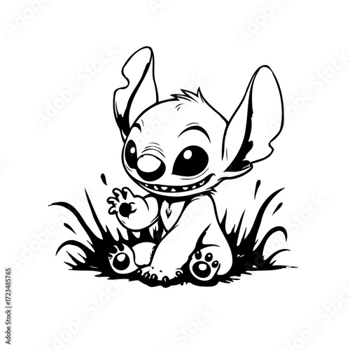Playful alien character illustration amidst foliage offering a friendly gesture in monochrome