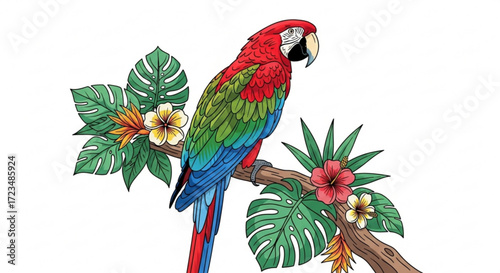 Colorful parrot perched on a branch with tropical flowers and leaves, , vibrant and detailed illustration