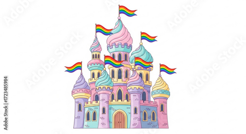 A whimsical castle adorned with rainbow flags, , symbolizing love, acceptance, and a magical world of inclusivity