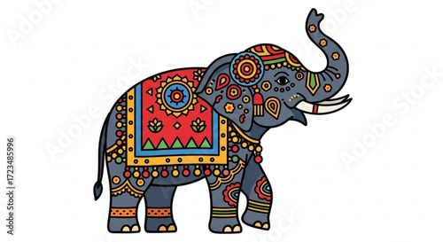 Decorated elephant with ornate patterns and vibrant colors, a cultural symbol of strength and wisdom in indian art