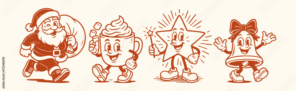 Obraz premium Vintage retro Christmas characters with Santa, cocoa mug, star and festive bell mascot in funky groovy 70s inspired illustration