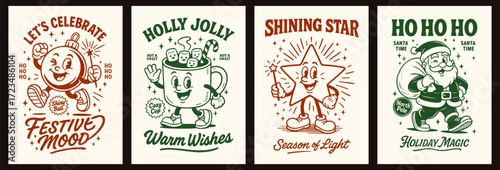 Retro Christmas poster set with ornament ball, cocoa mug, shining star and Santa Claus mascot characters in vintage groovy