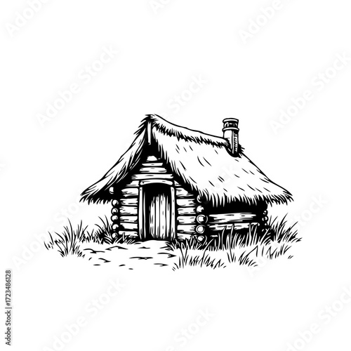 Rustic countryside log cabin illustration depicts idyllic solitude and simple living architecture