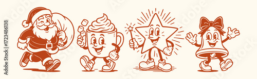 Vintage retro Christmas characters with Santa, cocoa mug, star and festive bell mascot in funky groovy 70s inspired illustration