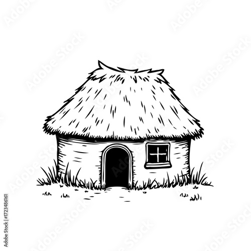 Rustic thatched dwelling a simple home with a charming window amidst rural scenery showcasing