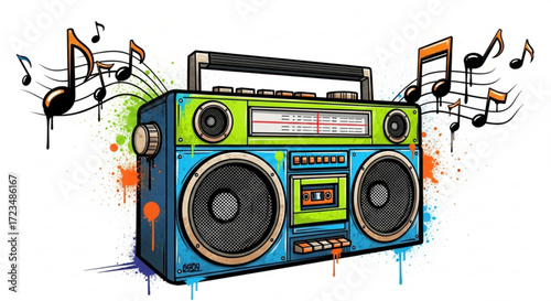 Retro boombox illustration with musical notes and graffiti splash, capturing the essence of vintage hiphop culture and music