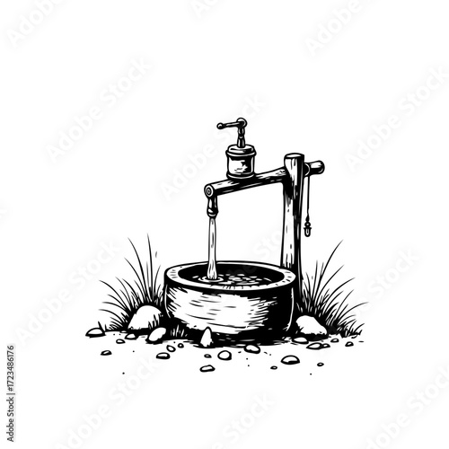 Rustic water fountain sketch evoking tranquility: A timeless design element of outdoor charm and