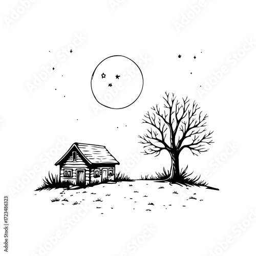 Serene monochrome drawing of a rustic cabin beneath a celestial sky with a barren tree in winter