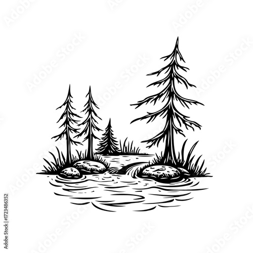 Serene monochrome illustration capturing a woodland scene with trees, stream, and rocks for nature
